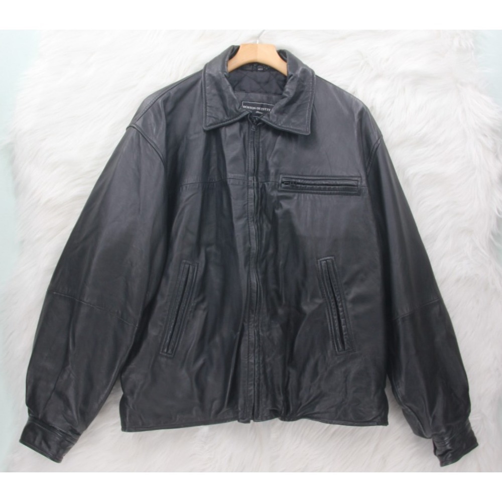 Boston Outfitters Mens Black Leather Bomber Jacket  XL Motorcycle Biker Zip Up